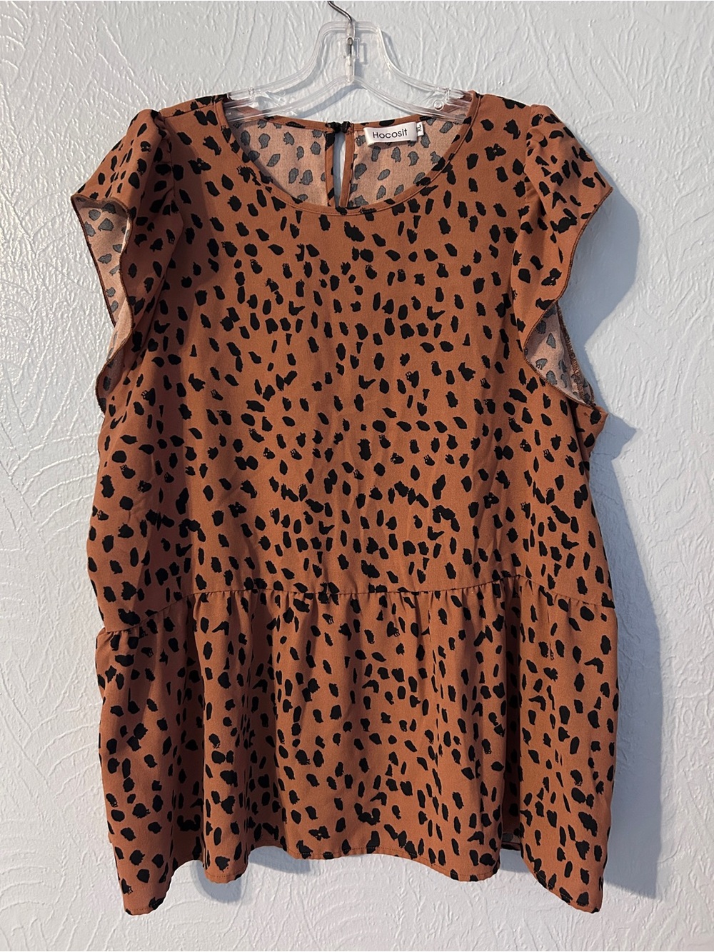Rust Colored Animal-Print Ruffle Sleeve Blouse